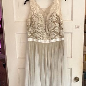 Beautiful long, embroidered, tulle, cream/tan dress.